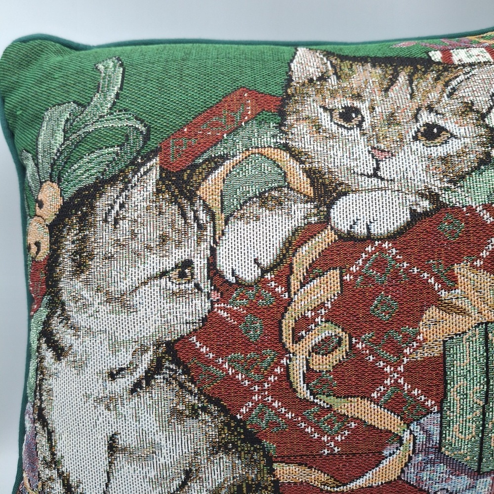 Vintage Tapestry Pillow Christmas Cats Kittens Playing Under Tree 16"X 11" Green - Picture 3 of 8